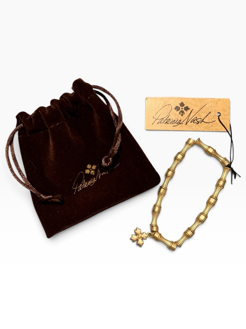 Patricia Nash Bracelet Egyptian Gold Tone Bamboo Link Floret Charm Jewelry Pouch